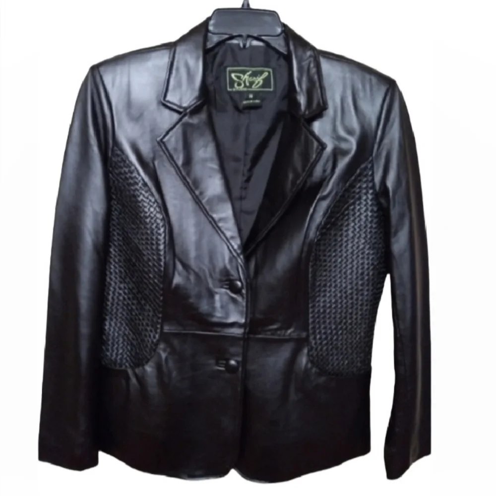 Sharif Studio Blazer Jacket Womens Size Medium Black Leather Weave Detail Biker
